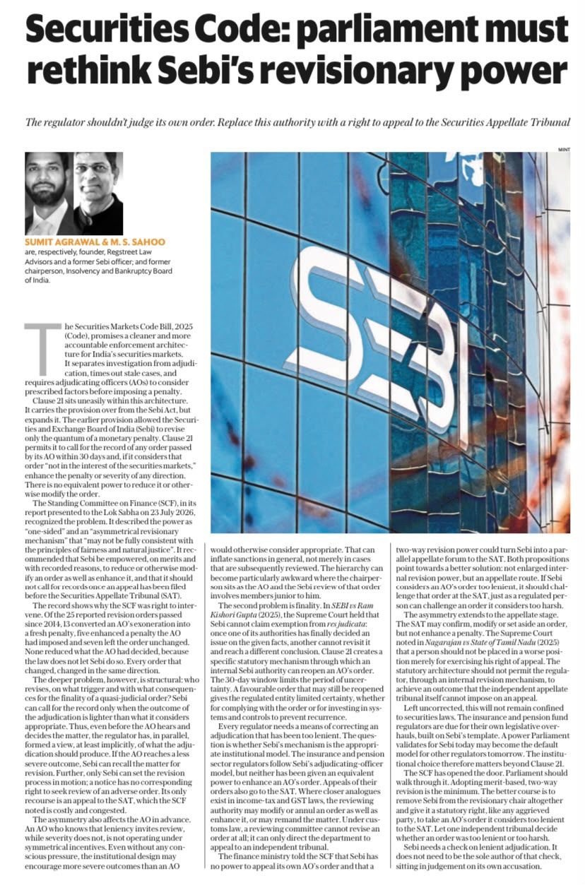 India's Securities Markets Code - Sebi revisionary authority